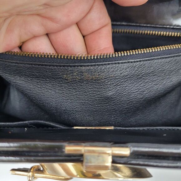 Vtg 60's Handbag Designer Shoulder Bag Smooth Black Framed Gold Lock Closure - Picture 11 of 12